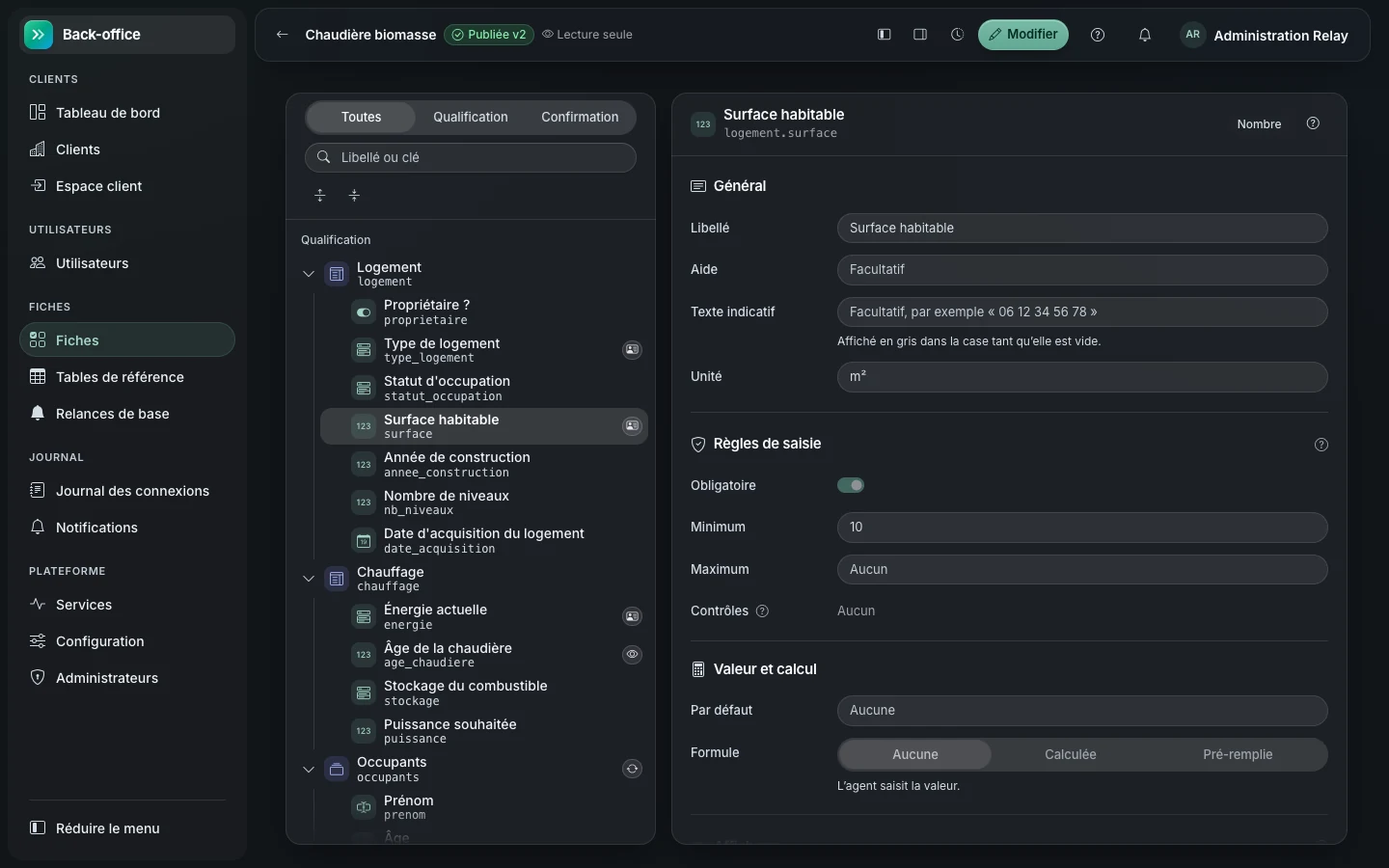 Les fiches et champs de travaux configurables dans Relay