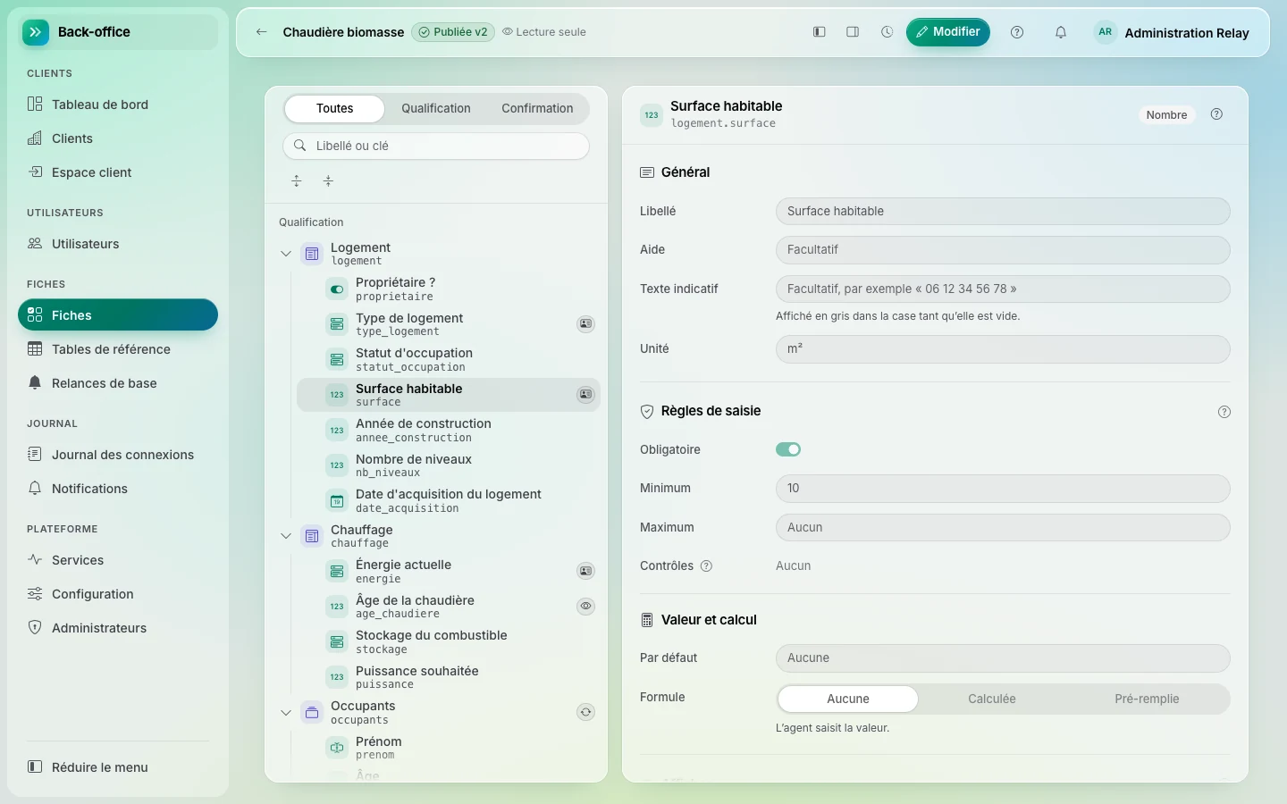 Les fiches et champs de travaux configurables dans Relay