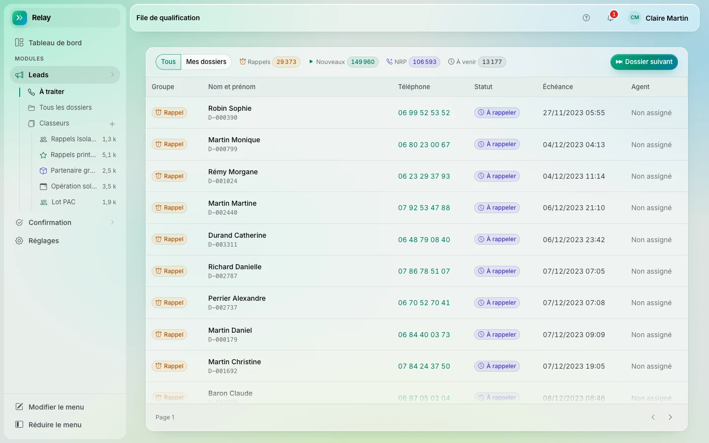 La file de qualification Relay avec les dossiers à appeler